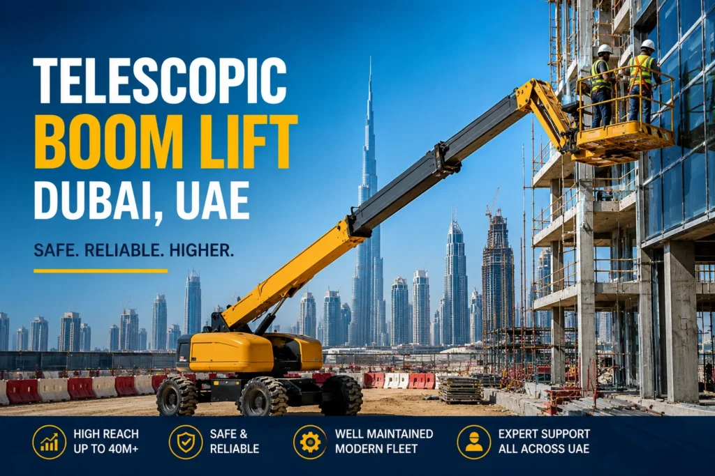 Telescopic Boom Lift Dubai lifting workers on a commercial construction project in the UAE