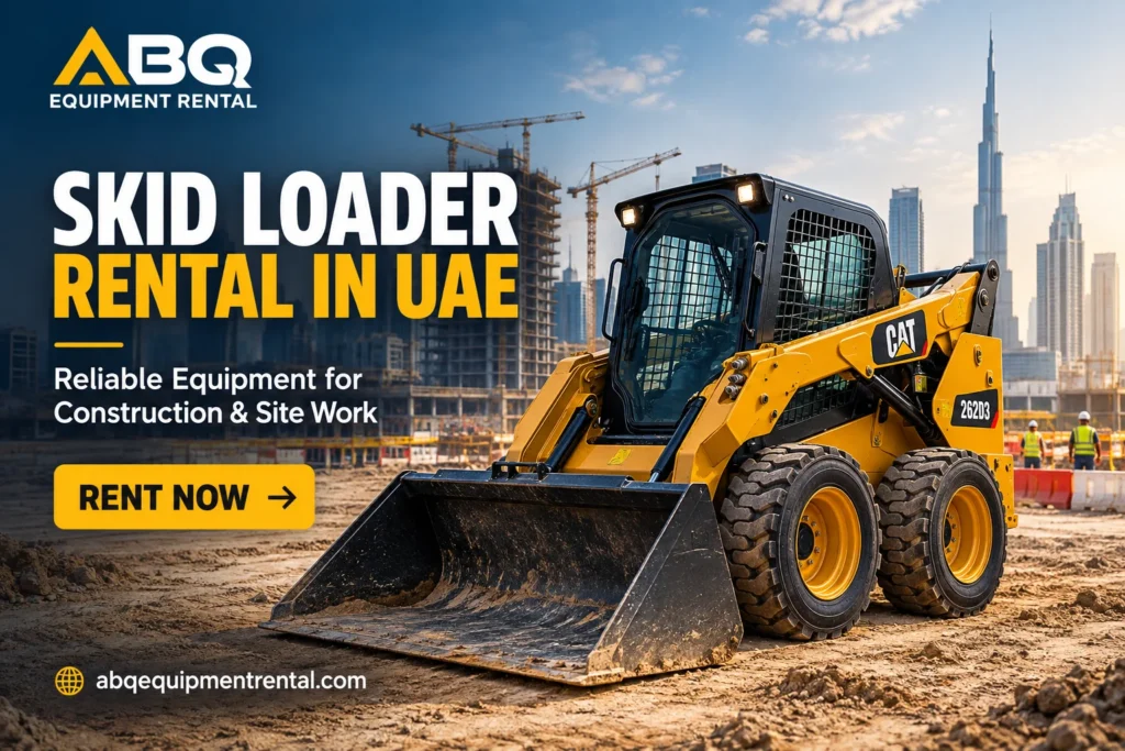 Skid loader rental in UAE at a Dubai construction site, featuring a powerful skid steer loader ready for heavy-duty construction work by ABQ Equipment Rental.